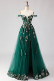 Off The Shoulder Dark Green A Line Corset Long Long Ball Dress with Sequins