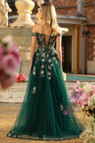 Dark Green Off the Shoulder Appliqued Corset A Line Long Sequin Long Prom Dress