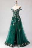 Off The Shoulder Dark Green A Line Corset Long Long Ball Dress with Sequins