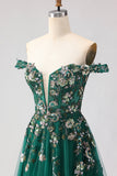 Off The Shoulder Dark Green A Line Corset Long Long Ball Dress with Sequins