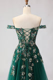 Off The Shoulder Dark Green A Line Corset Long Long Ball Dress with Sequins