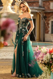 Dark Green Off the Shoulder Appliqued Corset A Line Long Sequin Long Prom Dress