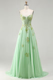 Green A Line Beaded Corset Sequin Appliqued Long Ball Dress