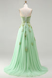Green A Line Beaded Corset Sequin Appliqued Long Ball Dress