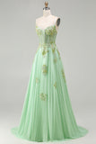 Green A Line Beaded Corset Sequin Appliqued Long Ball Dress