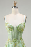 Green A Line Beaded Corset Sequin Appliqued Long Ball Dress