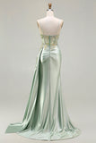 Pink Mermaid Beaded Corset Appliqued Satin Long Ball Dress with Slit