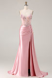 Pink Mermaid Beaded Corset Appliqued Satin Long Ball Dress with Slit