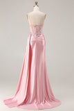 Pink Mermaid Beaded Corset Appliqued Satin Long Ball Dress with Slit