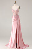 Pink Mermaid Beaded Corset Appliqued Satin Long Ball Dress with Slit