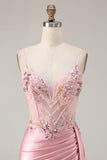 Pink Mermaid Beaded Corset Appliqued Satin Long Ball Dress with Slit