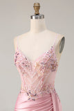 Pink Mermaid Beaded Corset Appliqued Satin Long Ball Dress with Slit