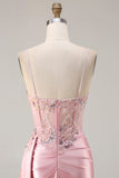 Pink Mermaid Beaded Corset Appliqued Satin Long Ball Dress with Slit