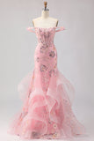 Off the Shoulder Blush Mermaid Beaded Corset Long Plus Size Prom Dress with Ruffles