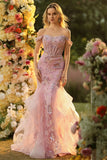 Off the Shoulder Blush Mermaid Beaded Appliqued Corset Long Ball Dress with Ruffles