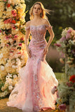 Off the Shoulder Blush Mermaid Beaded Appliqued Corset Long Ball Dress with Ruffles