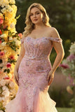 Off the Shoulder Blush Mermaid Beaded Corset Long Plus Size Prom Dress with Ruffles