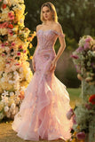 Off the Shoulder Blush Mermaid Beaded Appliqued Corset Long Ball Dress with Ruffles