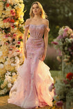 Off the Shoulder Blush Mermaid Beaded Appliqued Corset Long Ball Dress with Ruffles