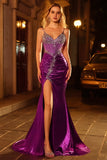 Dark Purple Mermaid Beaded Corset Long Prom Dress with Slit