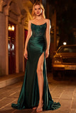 Dark Green Mermaid Strapless Corset Beaded Sequin Long Ball Dress with Slit