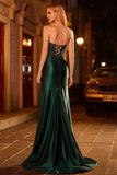 Dark Green Mermaid Strapless Corset Beaded Sequin Long Ball Dress with Slit