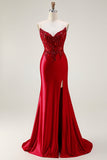 Red Mermaid Strapless Appliqued Corset Beaded Long Ball Dress with Slit