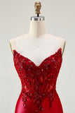 Red Mermaid Strapless Appliqued Corset Beaded Long Ball Dress with Slit