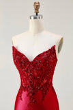 Red Mermaid Strapless Appliqued Corset Beaded Long Ball Dress with Slit