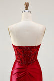 Red Mermaid Strapless Appliqued Corset Beaded Long Ball Dress with Slit