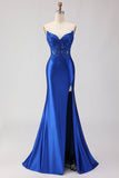 Royal Blue Strapless Mermaid Satin Corset Beaded Long Ball Dress with Slit