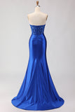 Royal Blue Strapless Mermaid Satin Corset Beaded Long Ball Dress with Slit
