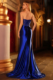 Royal Blue Strapless Mermaid Satin Corset Beaded Long Ball Dress with Slit
