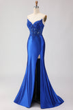 Royal Blue Strapless Mermaid Satin Corset Beaded Long Ball Dress with Slit