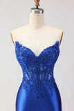 Royal Blue Strapless Mermaid Satin Corset Beaded Long Ball Dress with Slit