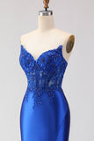 Royal Blue Strapless Mermaid Satin Corset Beaded Long Ball Dress with Slit