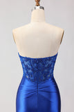 Royal Blue Strapless Mermaid Satin Corset Beaded Long Ball Dress with Slit