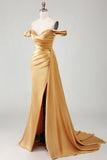 Golden Mermaid Off the Shoulder Beaded Pleated Satin Long Prom Dress with Slit