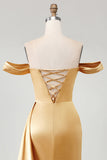 Golden Mermaid Off the Shoulder Beaded Pleated Satin Long Prom Dress with Slit