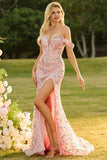 Off The Shoulder Mermaid Blush Sequin Long Ball Dress with Slit