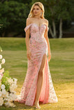 Off The Shoulder Mermaid Blush Sequin Long Ball Dress with Slit