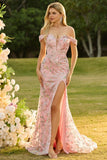 Off The Shoulder Mermaid Blush Sequin Long Ball Dress with Slit