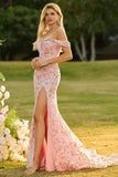 Off The Shoulder Mermaid Blush Sequin Long Ball Dress with Slit