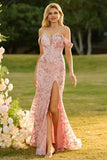 Off The Shoulder Mermaid Blush Sequin Long Ball Dress with Slit