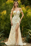 Off The Shoulder Mermaid Blush Sequin Long Ball Dress with Slit