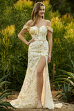 Off The Shoulder Mermaid Blush Sequin Long Ball Dress with Slit