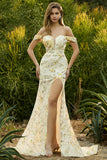 Off The Shoulder Mermaid Blush Sequin Long Ball Dress with Slit