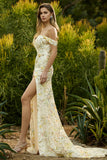 Off The Shoulder Mermaid Blush Sequin Long Ball Dress with Slit