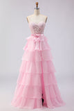 Pink Strapless Tiered A Line Corset Beaded Long Ball Dress with Slit