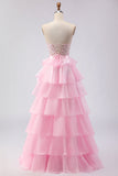 Pink Strapless Tiered A Line Corset Beaded Long Ball Dress with Slit